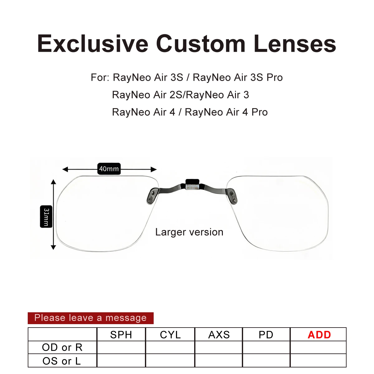 Maßgefertigte RX-Gläser für RayNeo Air 4 4Pro Air 2S Air 3S 3SPro Myopie Astigmatismus Korrekturgläser Blaulichtfilter Blendschutz RX