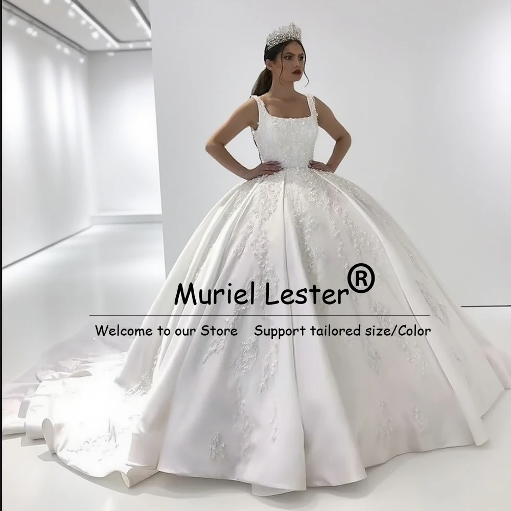 Apliques de encaje satinado de lujo, vestidos de novia con cuentas para novia, tirantes finos personalizados, cuello cuadrado, satén, línea A, vestidos de novia