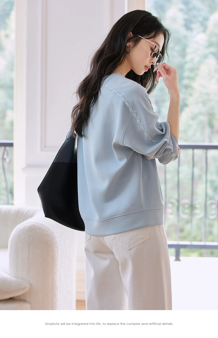 VIMLY Women's Sweatshirt 2025 Spring Autumn Casual Blue Lace Loose Pullover Cotton Blend Long Sleeve Top Female Clothes A0656