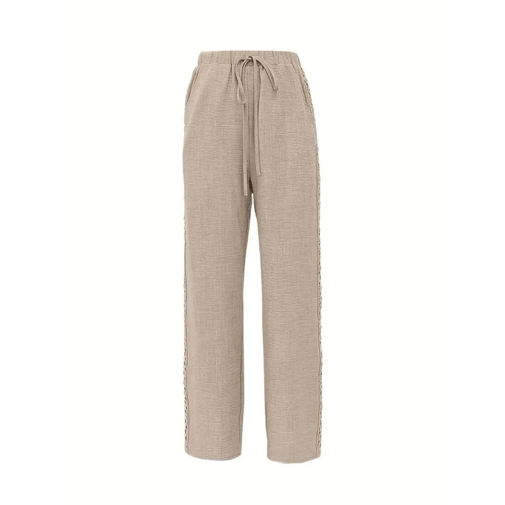 Pantalones de talla grande con ribete de encaje lateral para mujer, pantalones de Color sólido, diseño ajustado de punto, tela de espesor moderado, pantalones para todas las estaciones