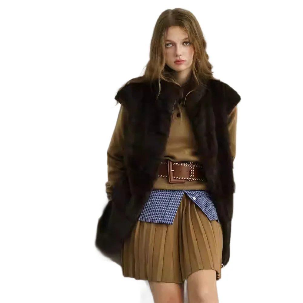 سيدة فرو منك سترة مترهل نمط الإناث ايكو الفراء أبلى الحد الأدنى المرأة الفراء الاصطناعي سترة الرجعية جيوب الرقبة المستديرة #3