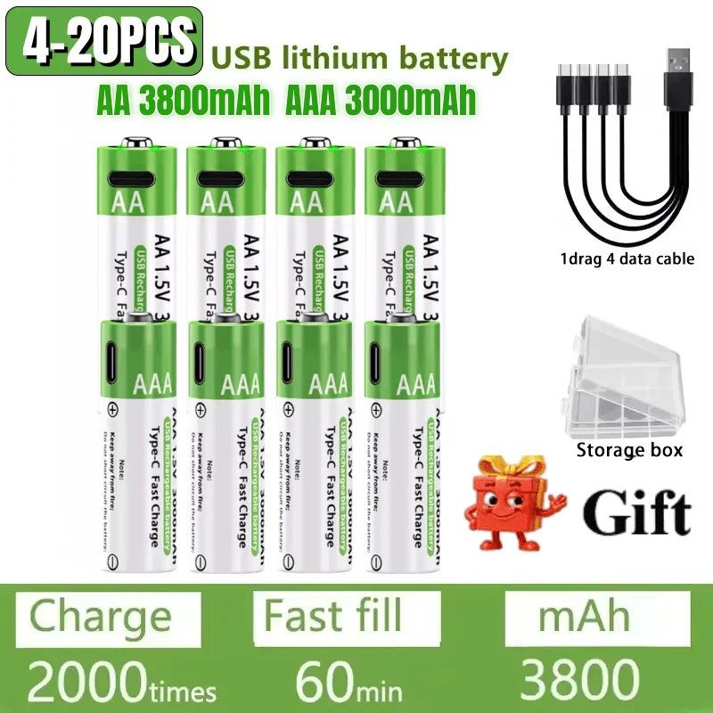 4-32PCS AA/AAA Rechargeable Lithium  Battery1.5V Constant Voltage 3000mAh/3800mAh Fast Charging Type-C For Remote Mouse Toy Ect