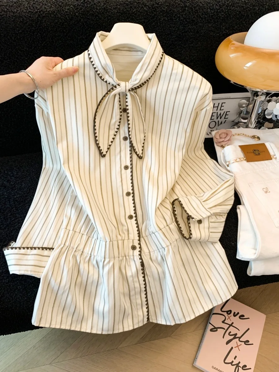 Elegant Vertical Striped Long Sleeve Women's Shirt Vintage Ribbon Commute Style Korean Straight Cut Thickened Autumn Fashion