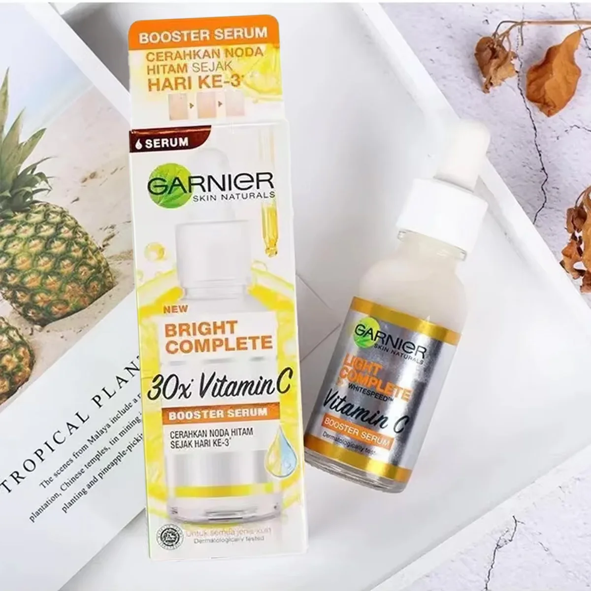 Garnier brilhante completo 30x vitamina c niacinamida booster soro clareamento tom da pele essência desbotamento acne marca produtos de beleza 30ml