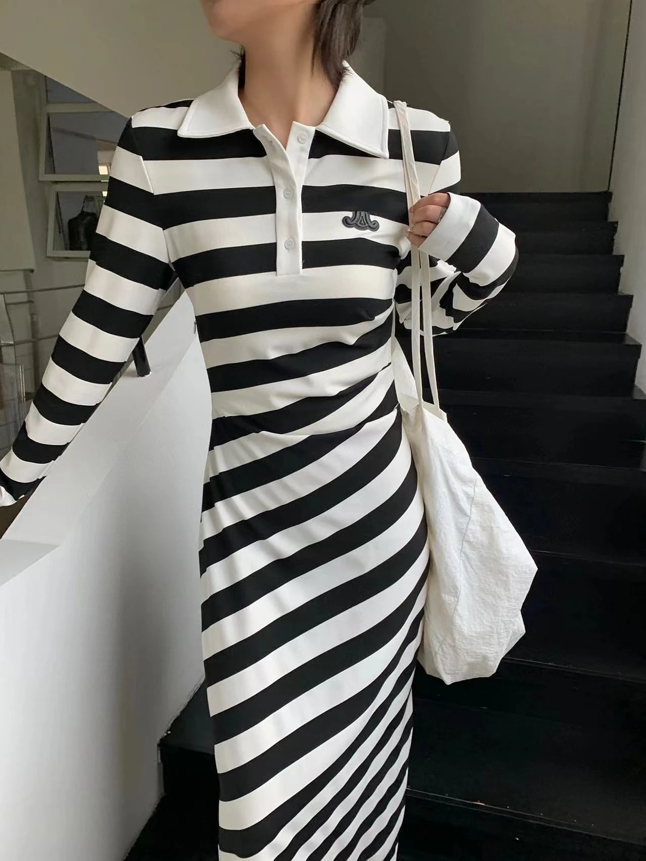 

Casual Women Striped Long Dress 2024 Summer A-line Fashion Young Dresses Office Lady Clothes Simple Japanese Korean Style Autumn