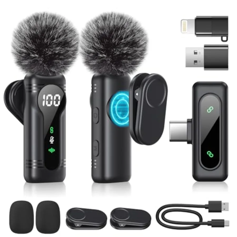 

Wireless Lavalier Microphone Dual Set Plug Play Clipon Mic with Auto Pairing Magnetic Mount Noise Cancelling for iPhone Android