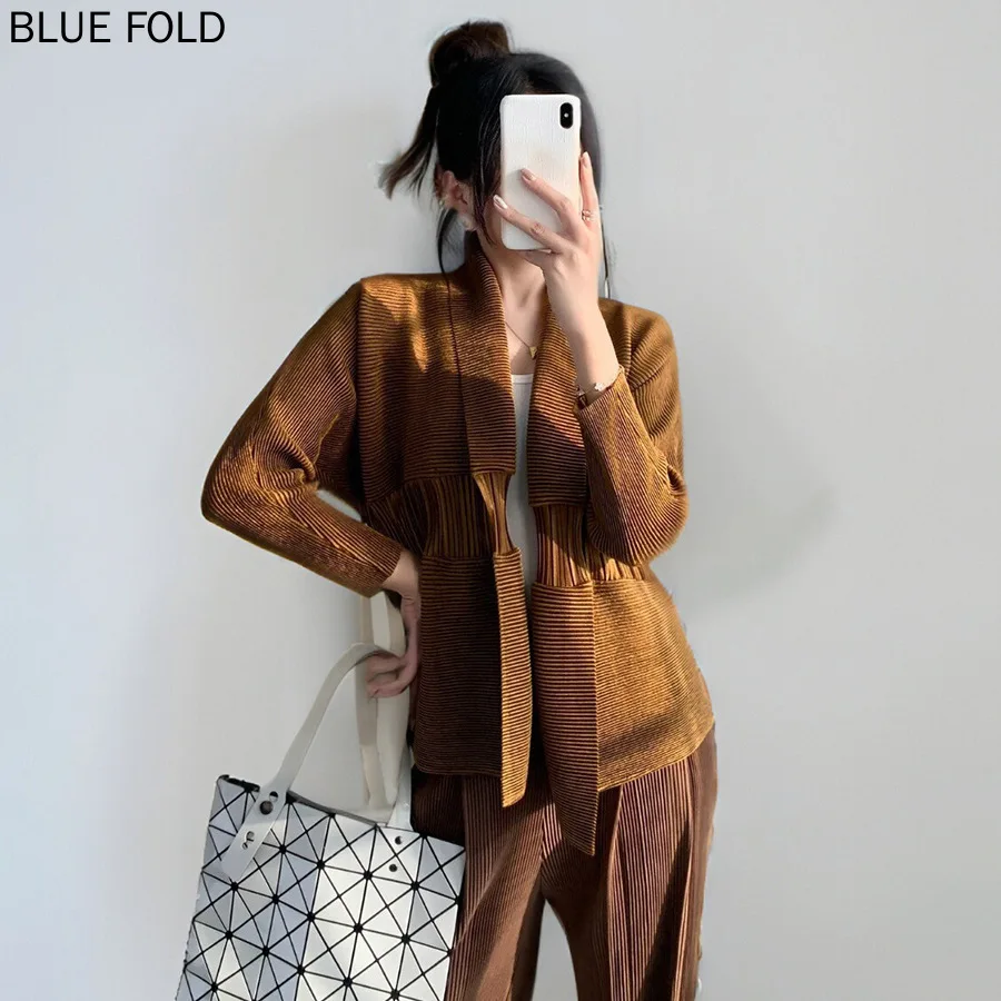 MIYAKE Autumn Coat for Women Elegant and High-end Versatile Lapel Tie Loose Velvet Thick Pleated Cardigan Top PLEATS Coat