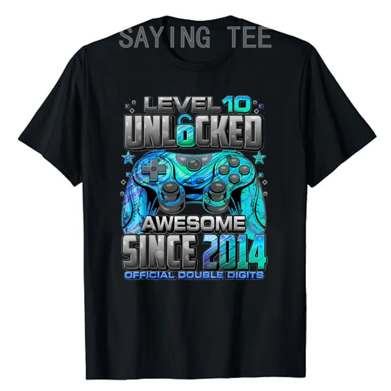 Level 10 Unlocked Awesome Since 2014 10th Birthday Gaming T-Shirt Boys Fashion Sons Nephew B-day Present Video Gamer Saying Tee