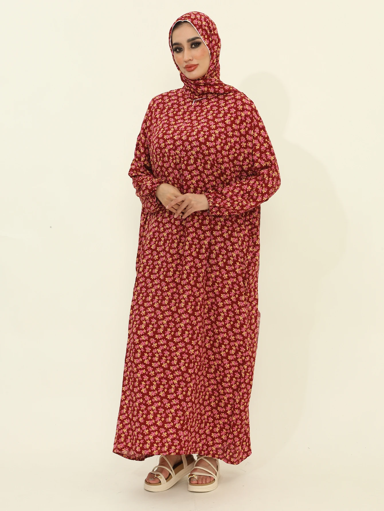 

Muslim Ramadan Prayer For Women Long Sleeved Floral 2024Dubai Turkey Middle East Femme Loose Robe African Abayas Headscarf Dress