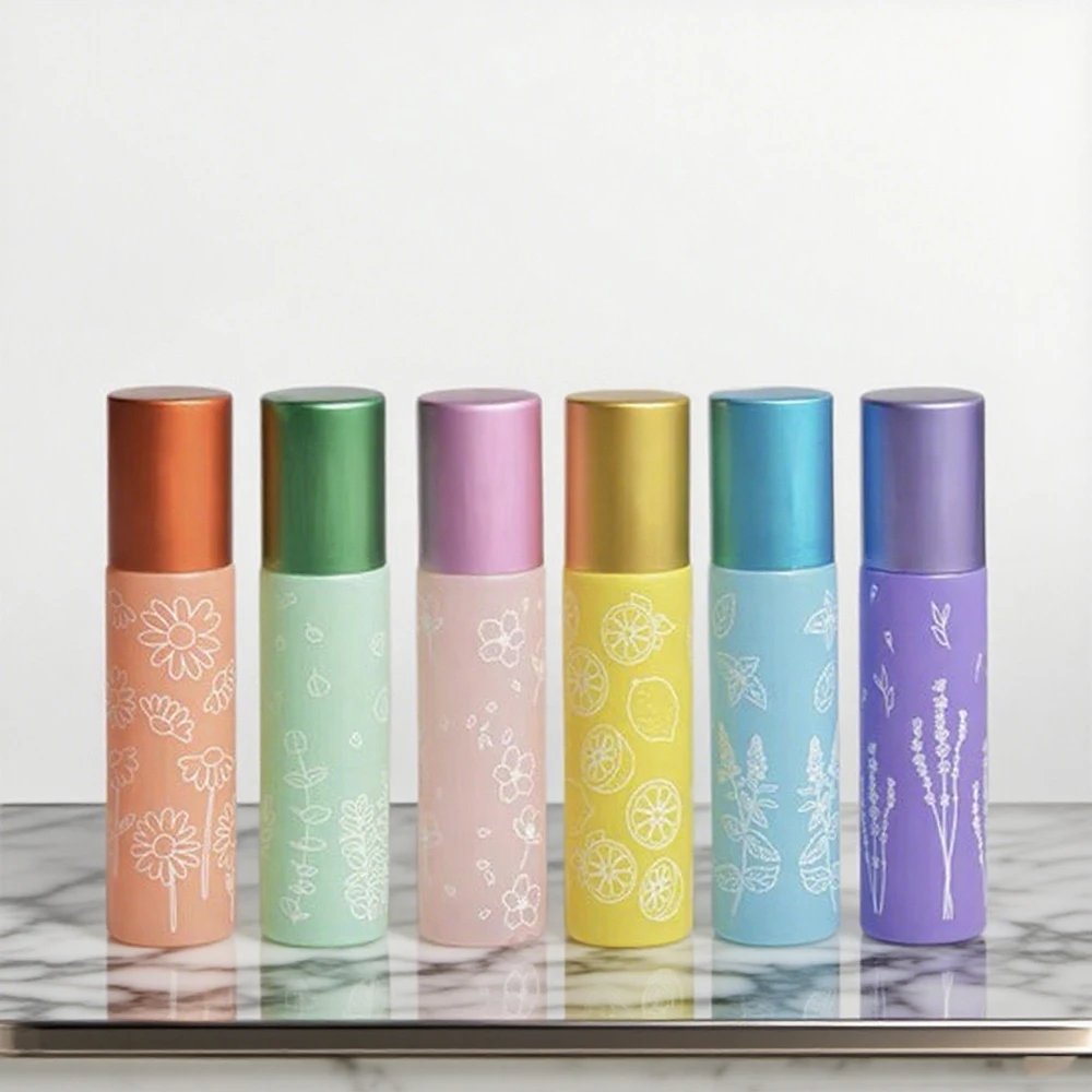 6pcs 두꺼운 유리 에센셜 오일 롤 온 병 스틸 볼 롤러 병 꽃 인쇄 빈 향수 아로마 테라피 병