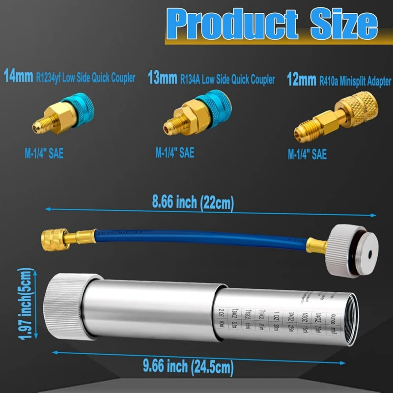 AC Oil Dye Injector Backflow Prevent Kit, With R134A & R1234YF Low Side Quick Coupler, R410A Mini Split Adapter