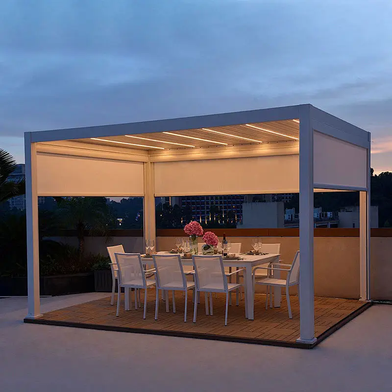 Modern Fashionable Style Household Pavilion with LED Lights Powder Coating Aluminum Alloy Pergola High Quality Rainproof Gazebo