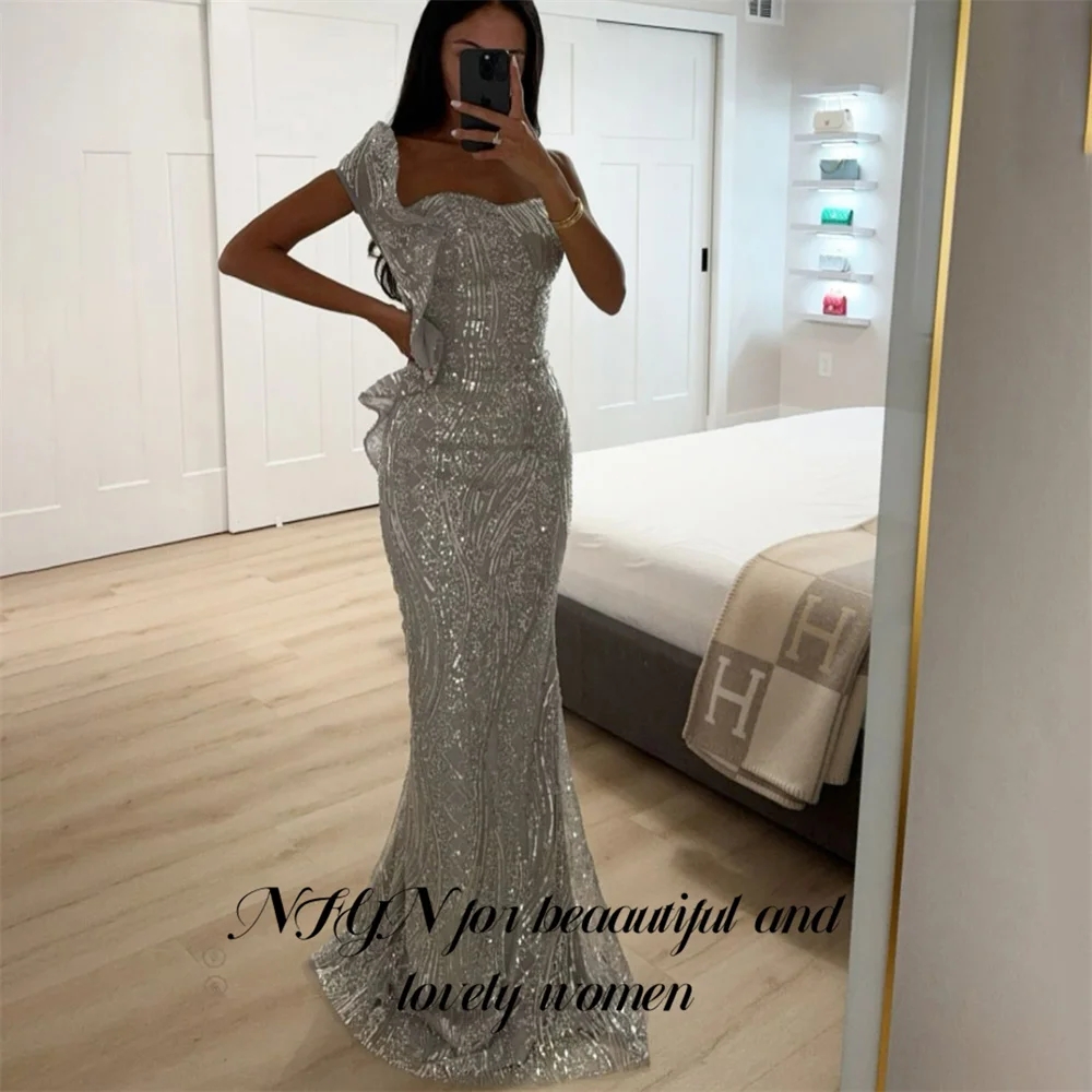 

NFYN Blue Mermaid Evening Dress for Woman Spaghetti Strap Night Dress Glitter Sequin Shiny Celebrity Dress Gown Customized