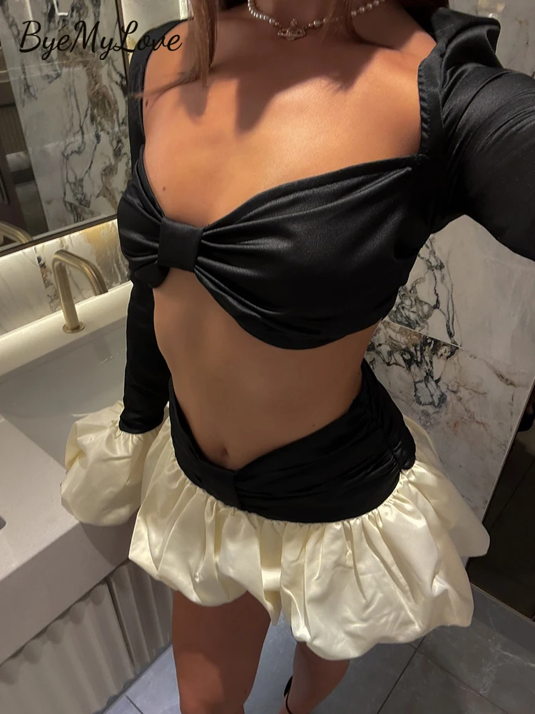 

ByeMyLove sexy 2 piece outfits for women clubwear Crop Top With Skirts Mini Skirts Sexy Outfits Women 2 piece Patchwork Color