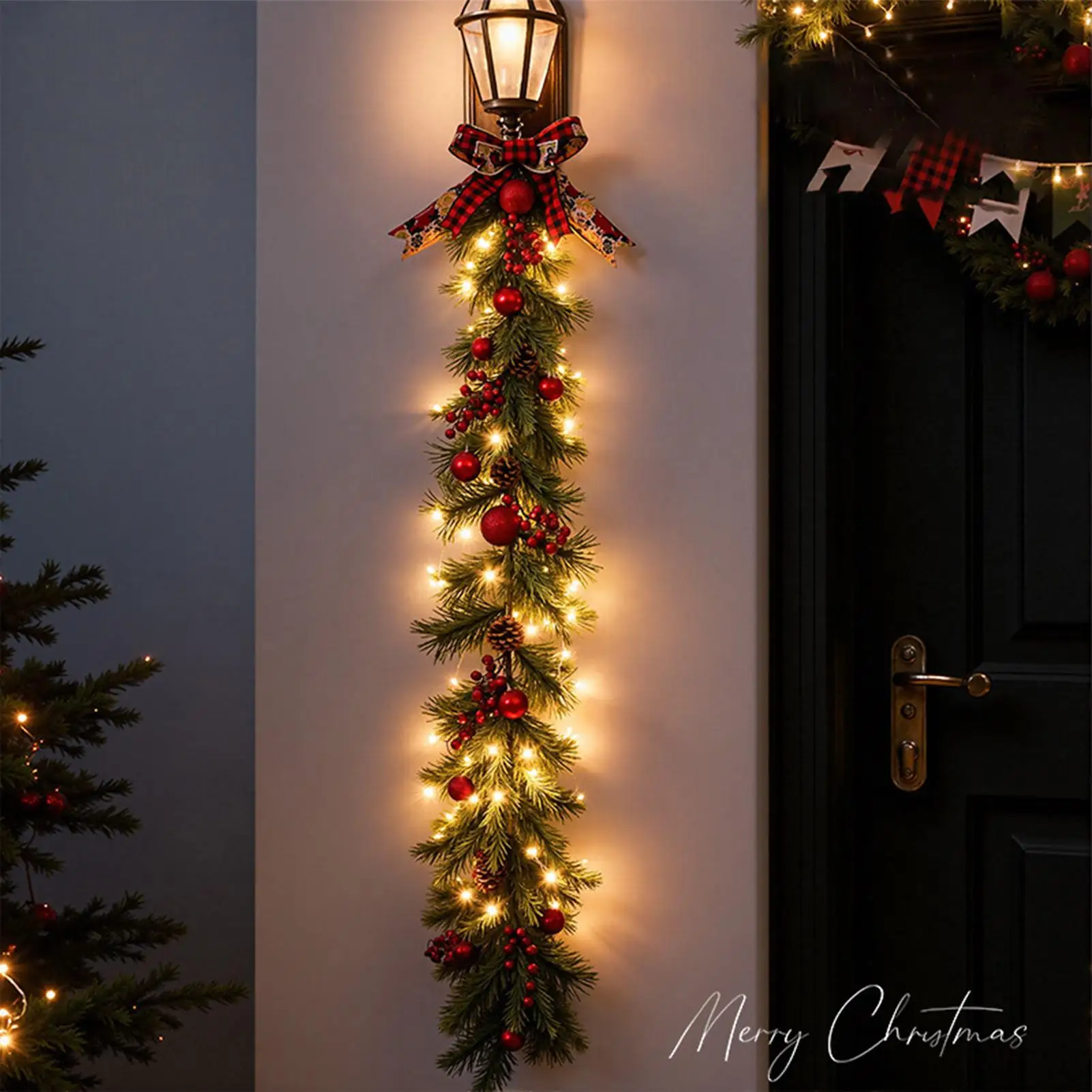 

Рождественский венок с огнями, искусственная подсветка, праздничное украшение с сосновыми шишками и ягодами, домашний венок из искусственной сосны для каминной каминки