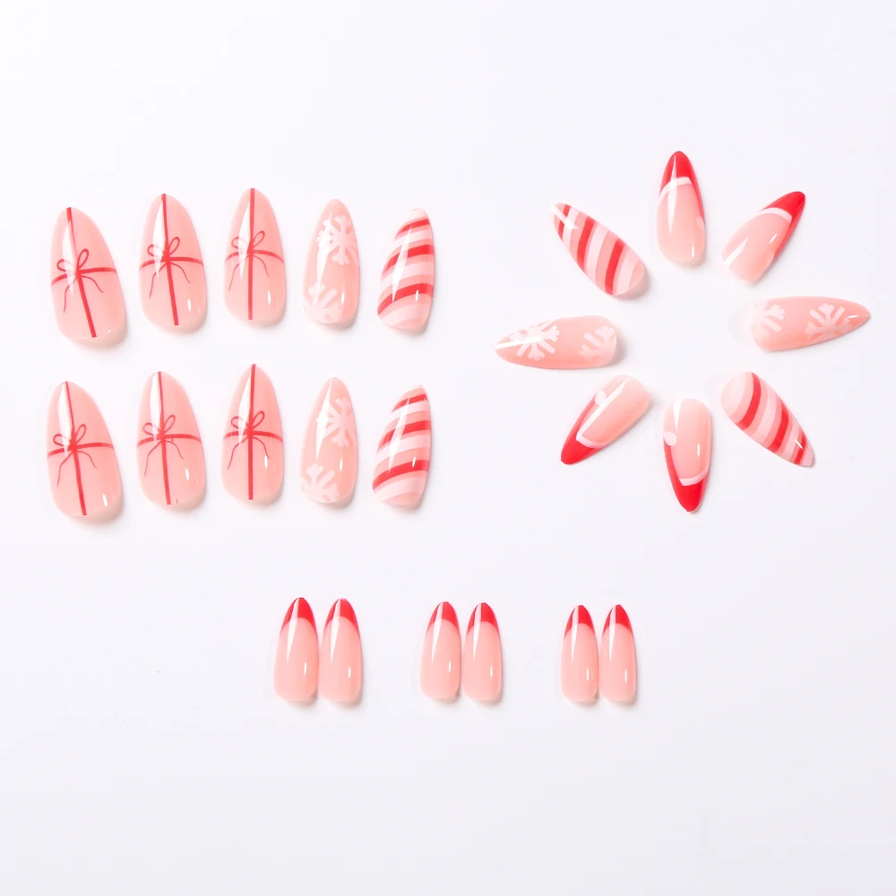 24 unids/set Navidad almendra prensa en uñas brillante raya roja y blanca sombrero de Navidad copo de nieve blanco uñas postizas Festival uñas postizas