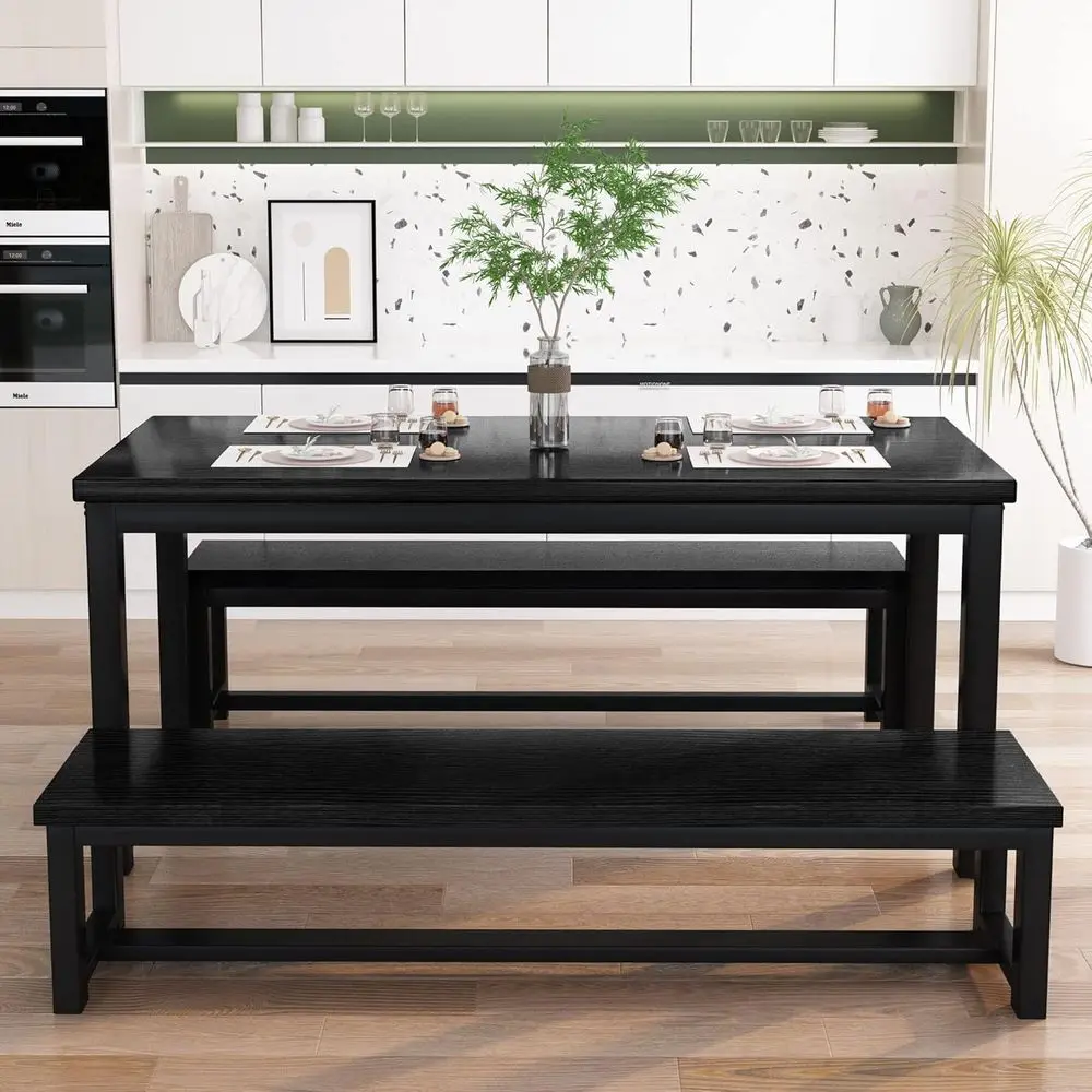 

4-Person Dining Table Set with 2 Benches, Metal Frame and Thickened Board, Ideal for Kitchen, Dining Room, Restaurant, Black, 43