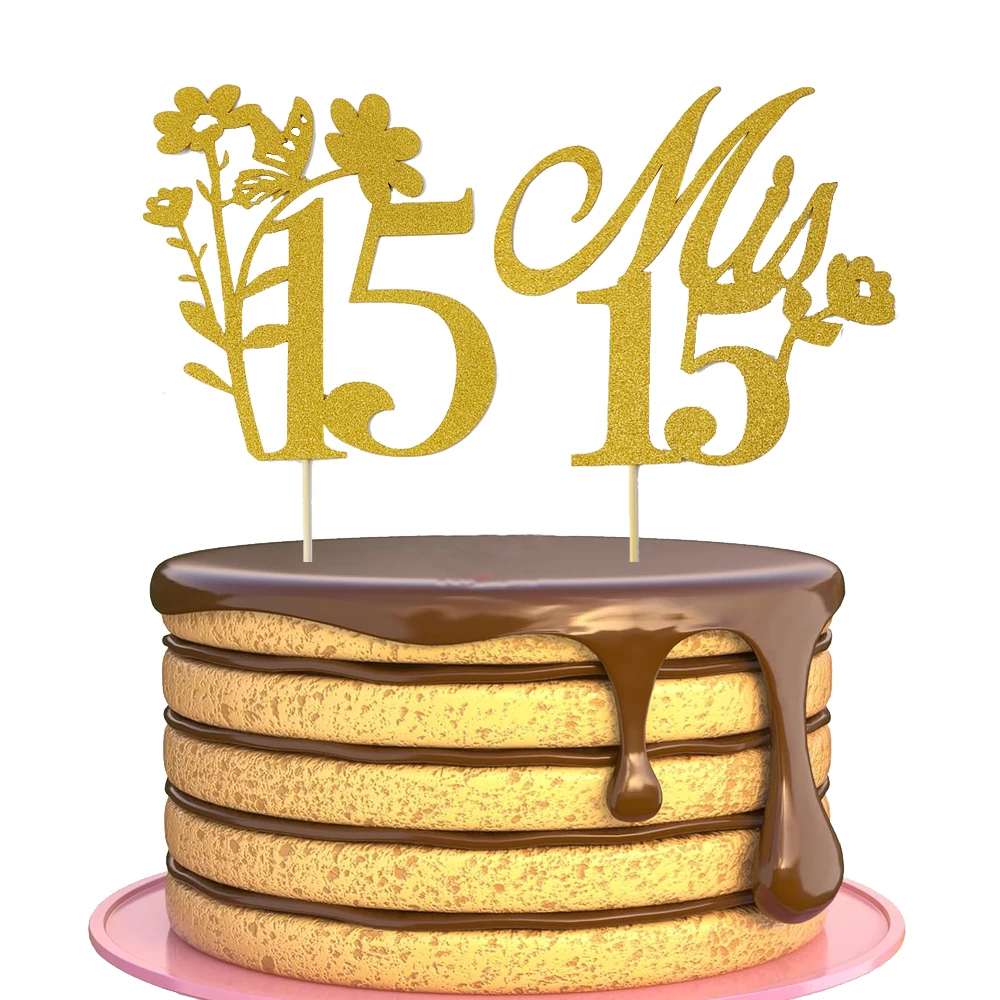 4 Piezas de Adorno para Pastel de Quinceañera con Purpurina Dorada y Plateada, Decoración para Pastel de Fiesta de Cumpleaños Número 15 para Niñas
