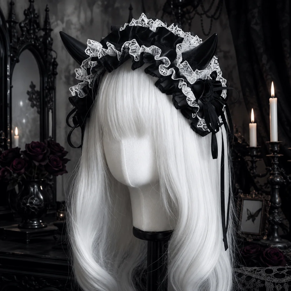 Lace-up Ruffle Devil's Corner Hair Band Bow Punk Little Devil Headband Cosplay Tulle Gothic Headwear Halloween Party