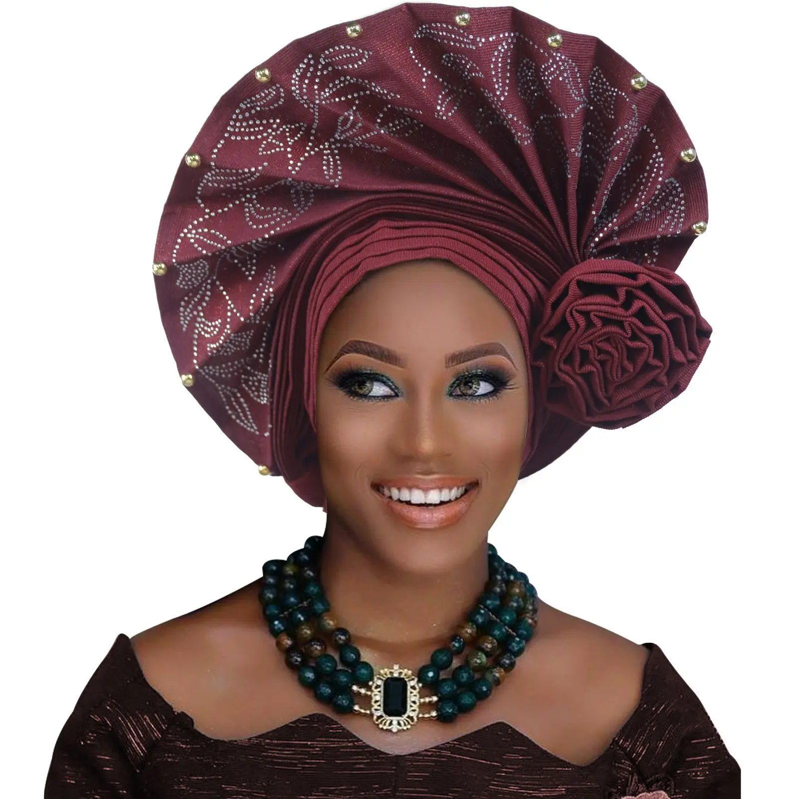 

Elegant Auto Gele Turban Cap With 3D Flower And Rhinestone Decoration African Style Solid Color Head Wrap For Women Wedding Caps