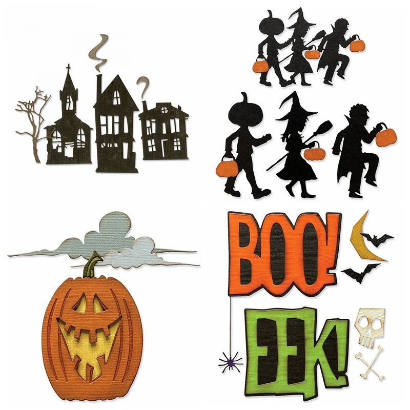 

4pcs/set Halloween Pumpkin Haunted House Metal Cutting Dies BOO Kids Pattern for DIY Scrapbooking Paper Card Decoration Making