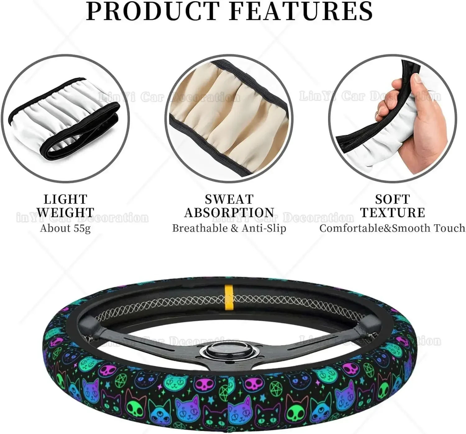 Witchcraft Cat Cute Steering Wheel Cover Universal 15 Inch Car Accessories Protector for Women Men Girls Fit Most Vehicles