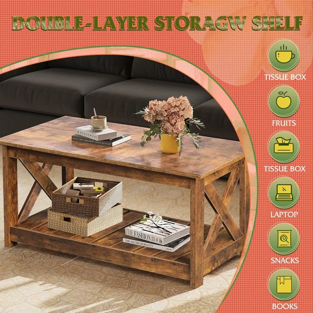 Mesa de centro, mesa de centro de granja 40.1 con estante de almacenamiento de láminas y marco en forma de X, mesa central de madera de 2 niveles para sala de estar