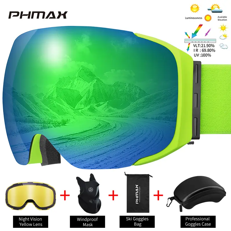 PHMAX Pro Ski Goggles UV400 Anti-fog Eyewear Magnetic Lens Night Vision Yellow Lens Outdoor Sports Snowboard Big Snow Goggles - Image 13