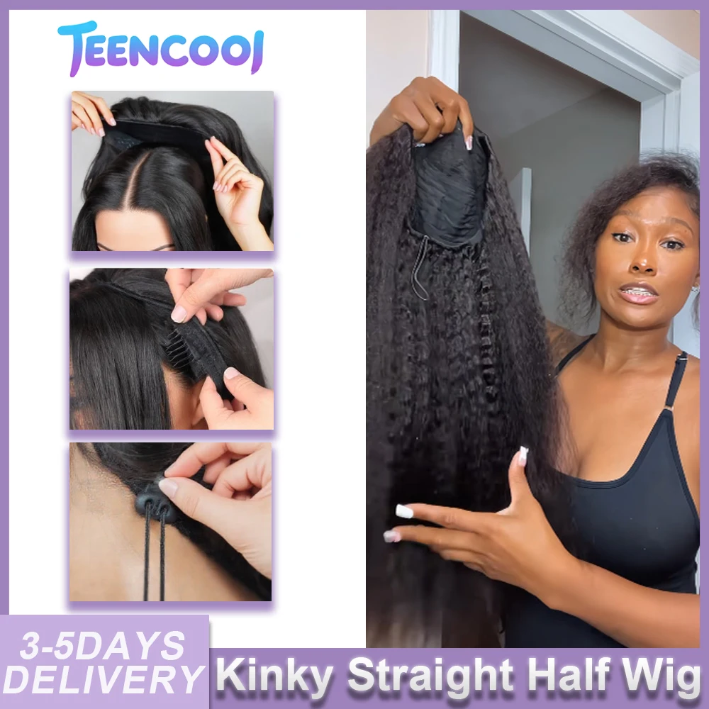 

38 Inches Kinky Straight Half Wig 3 In 1 Half Wig With Drawstring Flip Over Half Wig Yaki Straight Glueless Wigs Ready To Wear