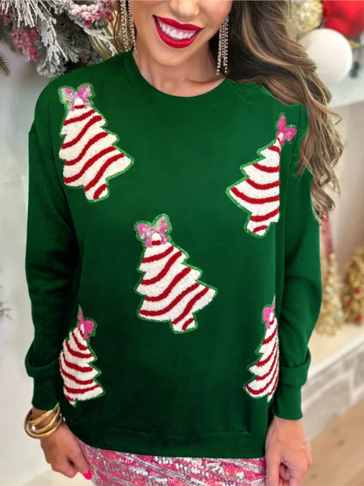 Kersttrui met lange mouwen, kerstboompatroon, pailletten, Harajuku streetwear, herfst, nieuwe collectie, dames kerstsweater