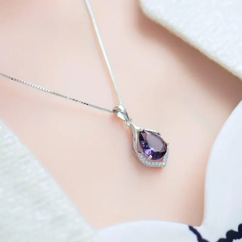 Natural Amethyst S925 Silver Necklace Female Pendants Clavicle Chain Accessories Peridot Gemstone Bizuteria Jewelry Pendants