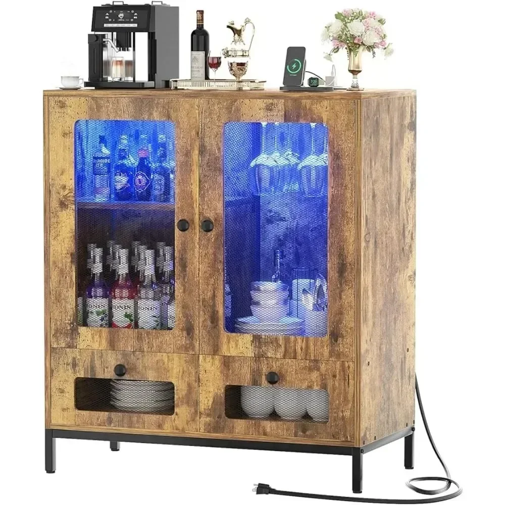 XMSJ Aparador Buffet Cabinet com Armazenamento, Armário para Vinho com Tomada de Energia e Luz LED, Armário de Cozinha com Gavetas