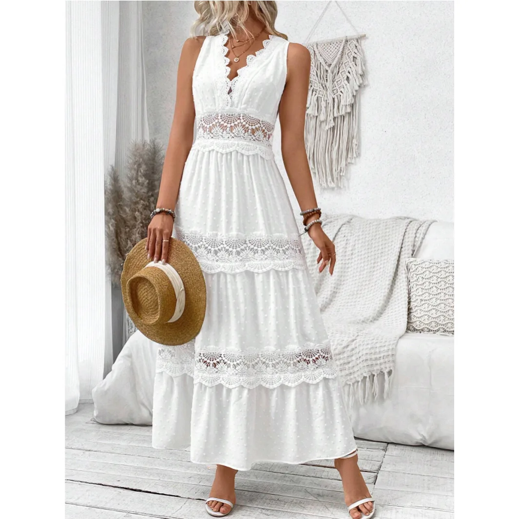

2026 Summer New Style Comfortable and Fashionable Lace Stitching V-neck Sleeveless Dress for Women