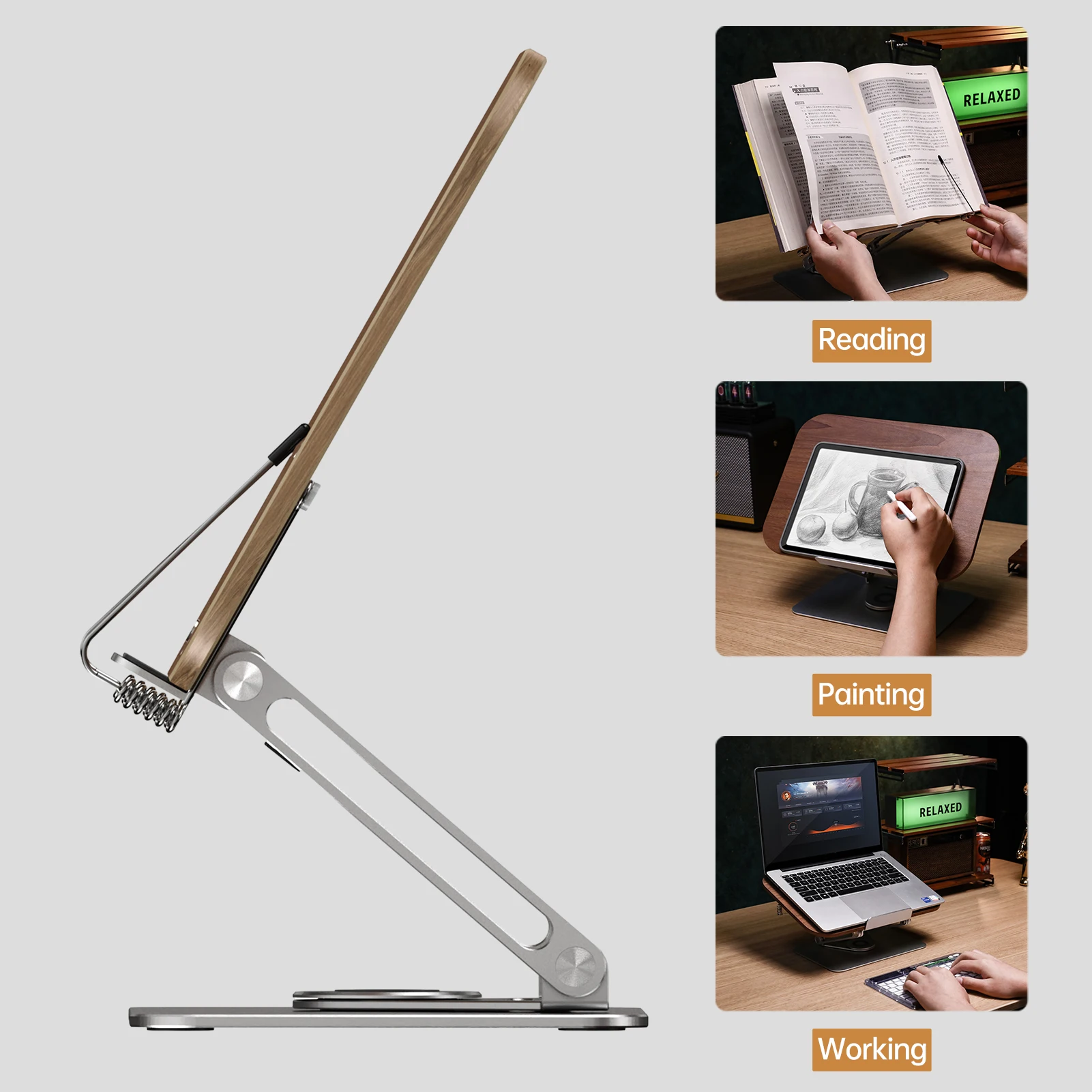 Bisofice Desktop Book Stand for Reading with 360° Rotating Base Wooden Panel & Page Clips Foldable and Angle for Textbook