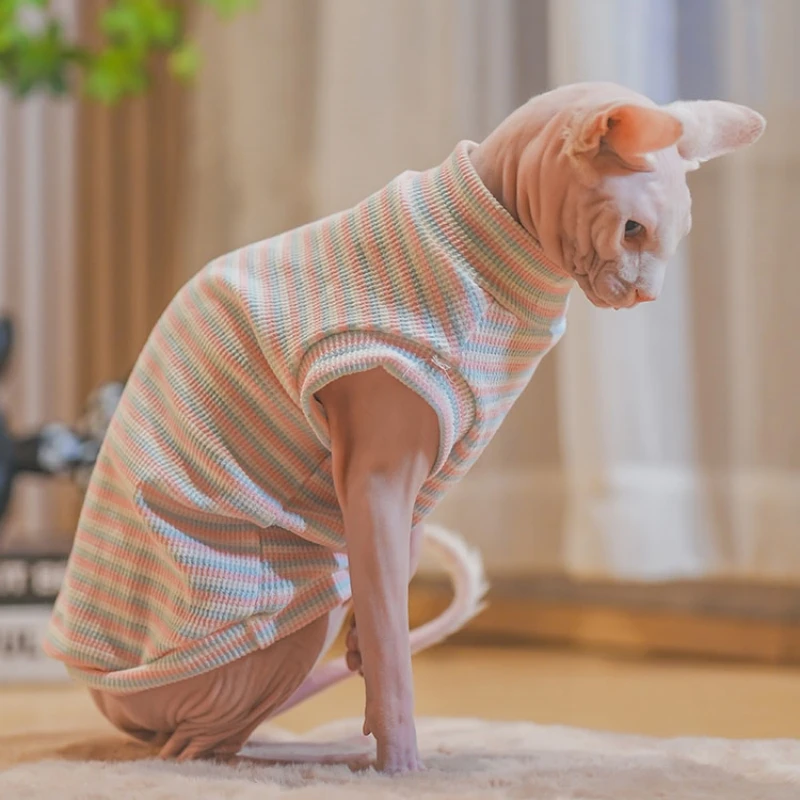 Waffle striped Cotton T-shirt for Sphynx Cat Summer Soft Short Sleeves Vest for Devon Rex Cute Coat for Kittens in Spring