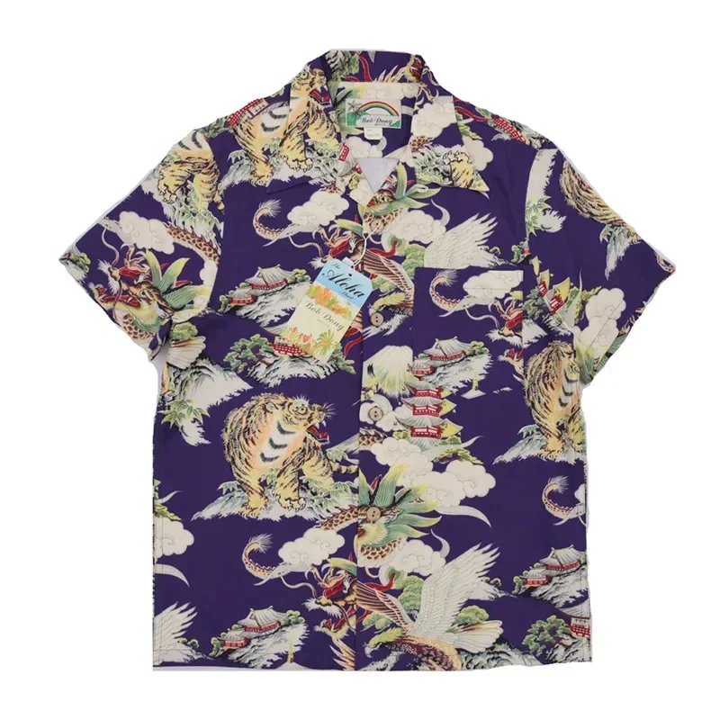 BOB DONG Aloha Shirt Mount Fuji & Animals Print Short-Sleeve Hawaiian Vacation Wear