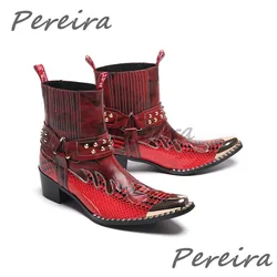 Men's Western Cowboy Boots Punk Rivets Iron Pointed Toe Chelsea Boots Fashion Genuine Leather Slip-On Party Business Dress Shoes