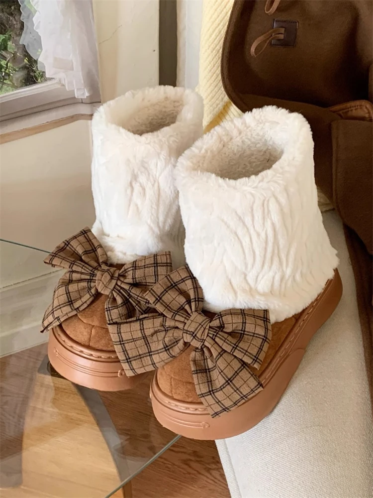 

Утепленные зимние сапоги-полусапожки для женщин в корейском стиле с клетчатым узором и бантом, на теплой бархатной подкладке, нескользящие, для ношения на улице