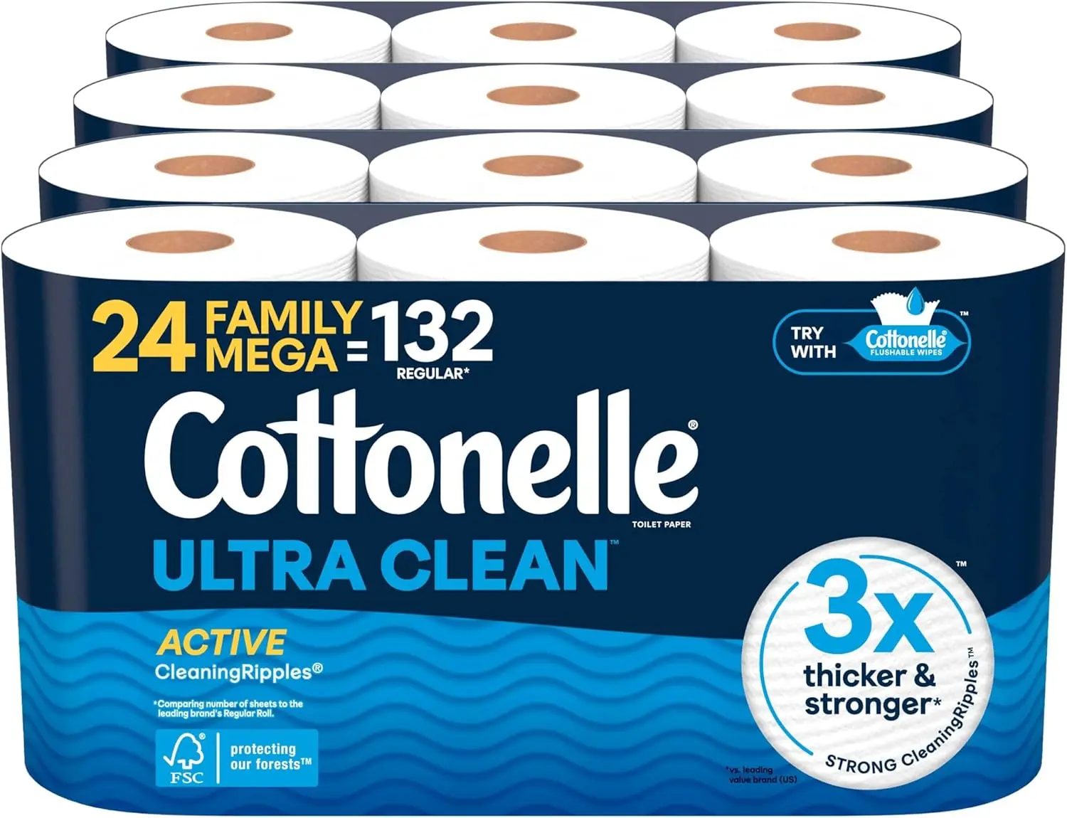 Ultra Clean Toilet Paper with Active Cleaning Ripples, Strong Bath Tissue, 1-Ply White, 24 Family Mega Rolls