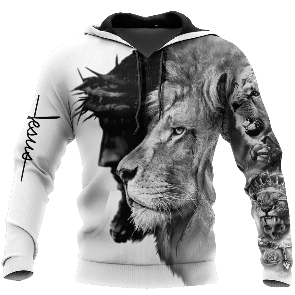 Men's 3D Tiger-Lion Tattoo Graphic Hoodie – Fun Anime/Cartoon Style, Harajuku & Hip-Hop Streetwear Essential, Loose Fit