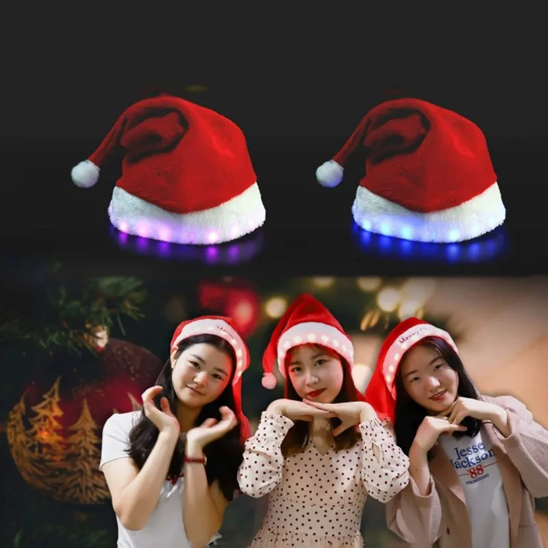 LED Glowing Hat Christmas Funny Decoration Plush Hat Colorful Lights Flashing Lights String Headwear Illuminated Party Hats