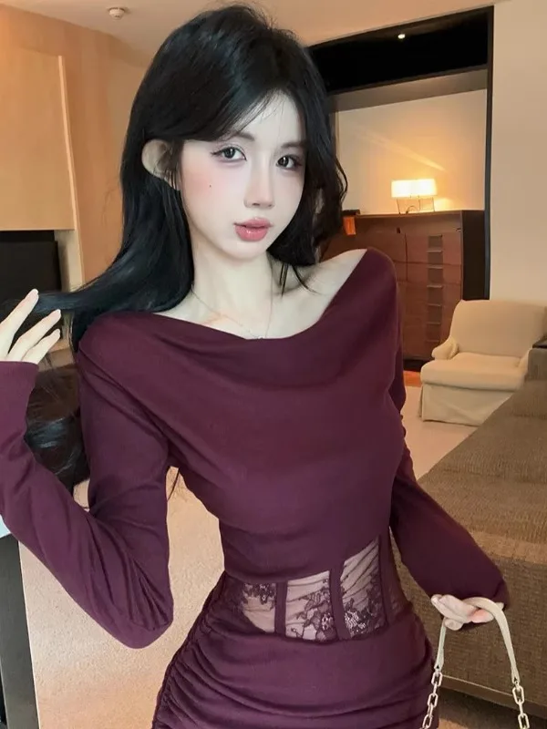 

Pure Desire Style Lace Splice Fleece Design Long Sleeve Bodycon Dress One Shoulder Open Neck Design Korean Version Commute Style