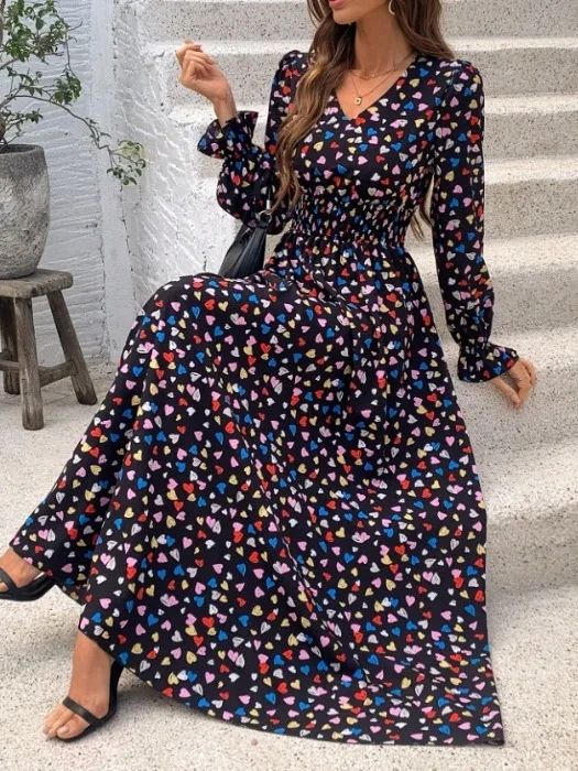 เดรสยาวพิมพ์ลายหัวใจทรงวีเข้ารูป ดีไซน์ใหม่สไตล์เรโทรลายดอกไม้ ช่วยกระชับเอว