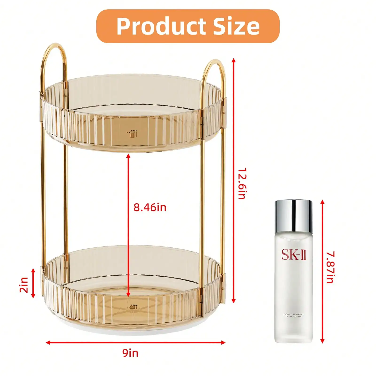 2-х уровневый 360 °   Вращающийся органайзер для макияжа (прозрачное золото) — Lazy Susan высокой емкости для туалетного столика/ванной комнаты