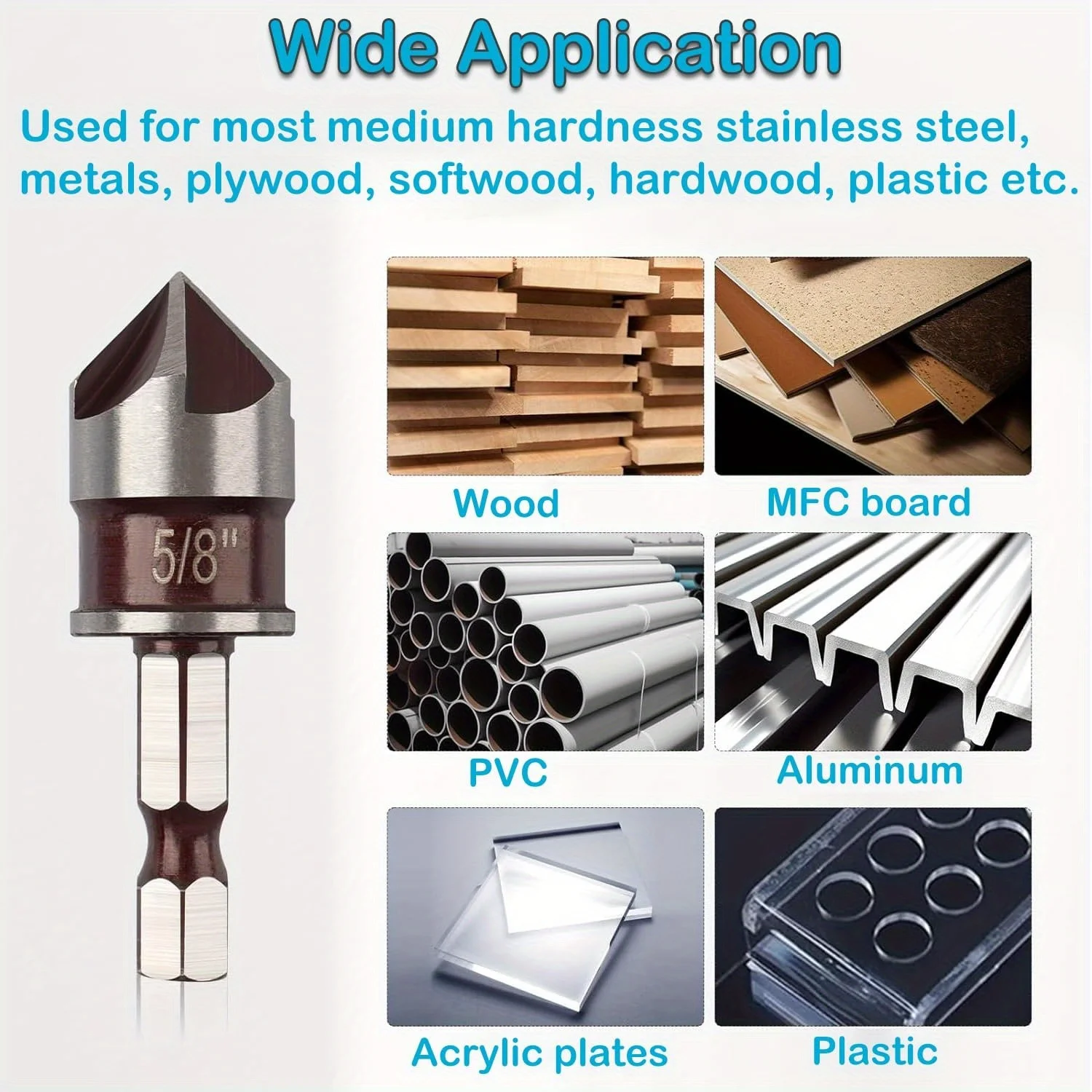 5pcs HSS Titanium Countersink Bit Set Chamfer 1/4" 3/8” 1/2” 5/8 3/4” Hex Shank for Wood Metal Deburring Chamfering Tool