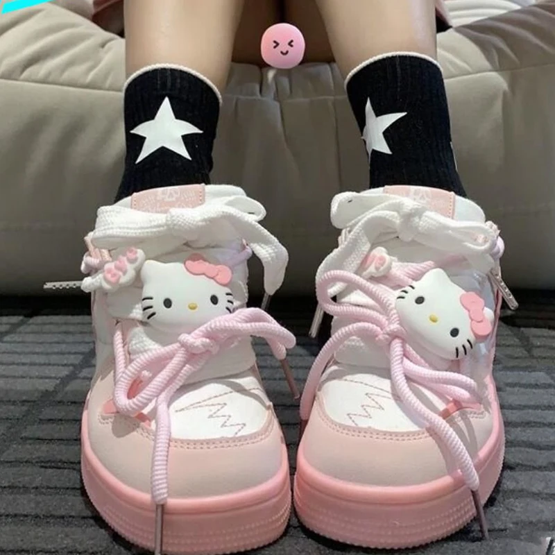 Sanrios Hello Kitty Shoes for Girls, Cute Students, Versatile Cartoon Casual Lolita Pink and White Lace-Up Low-Top Sneakers