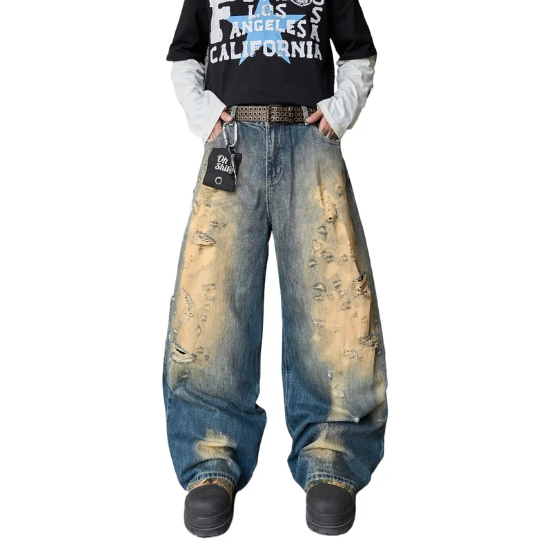 Мужские джинсы в стиле хип-хоп большого размера High Street, модные уличные рваные джинсовые брюки, свободные рваные джинсы в стиле Vibe Y2K Мужские джинсы в стиле хип-хоп большого размера High Street, модные уличные рваные джинсовые брюки, свободные рваные джинсы в стиле Vibe Y2K