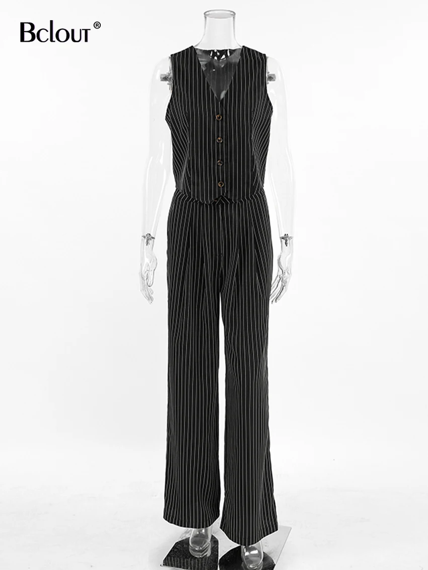 Bclout Fashion Striped Black Pants Sets Womens 2 Pieces 2024 Summer V-Neck Office Lady Tops Vintage Pleated Straight Pants Suits