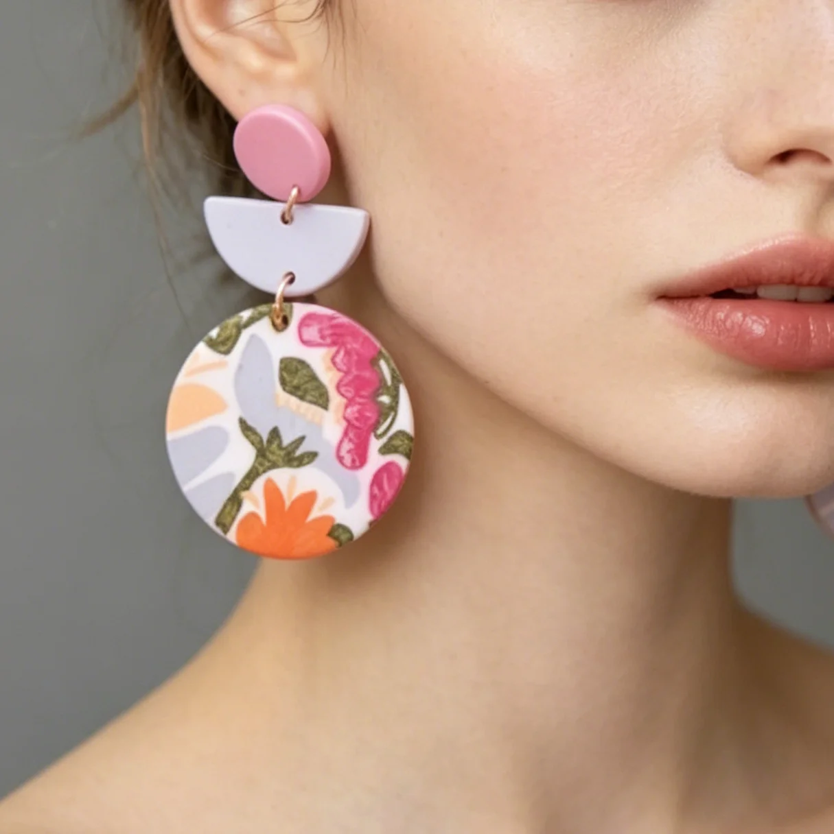 Assorted Artsy Floral Polymer Clay Earrings Round Arch Geometric Flower Dangle Lightweight Unique Bold Colorful Summer Accessory