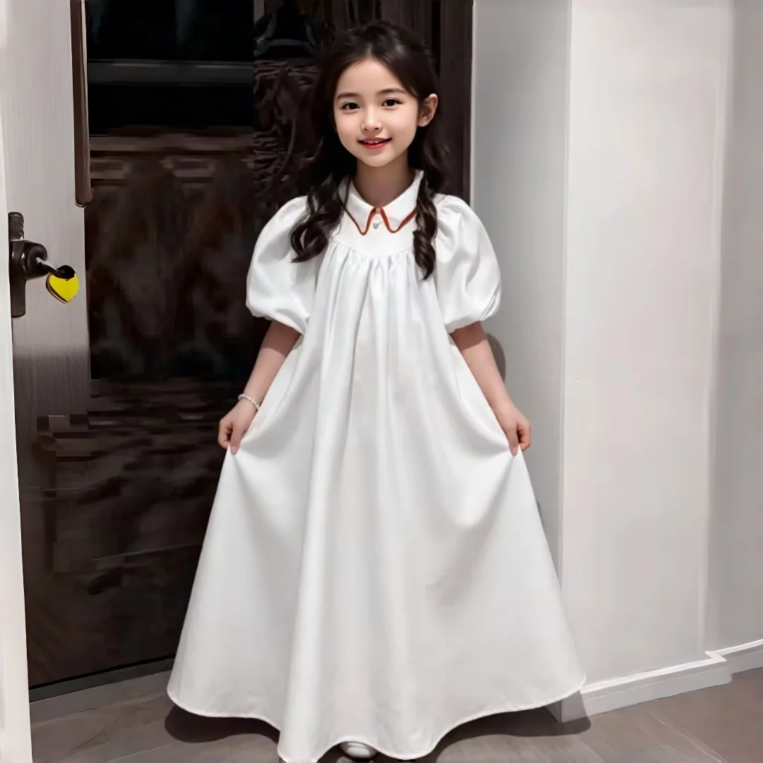 girls-white-long-party-dress-puff-short-sleeve-lapel-collar-kids-evening-gown-for-wedding-birthday-formal-occasion
